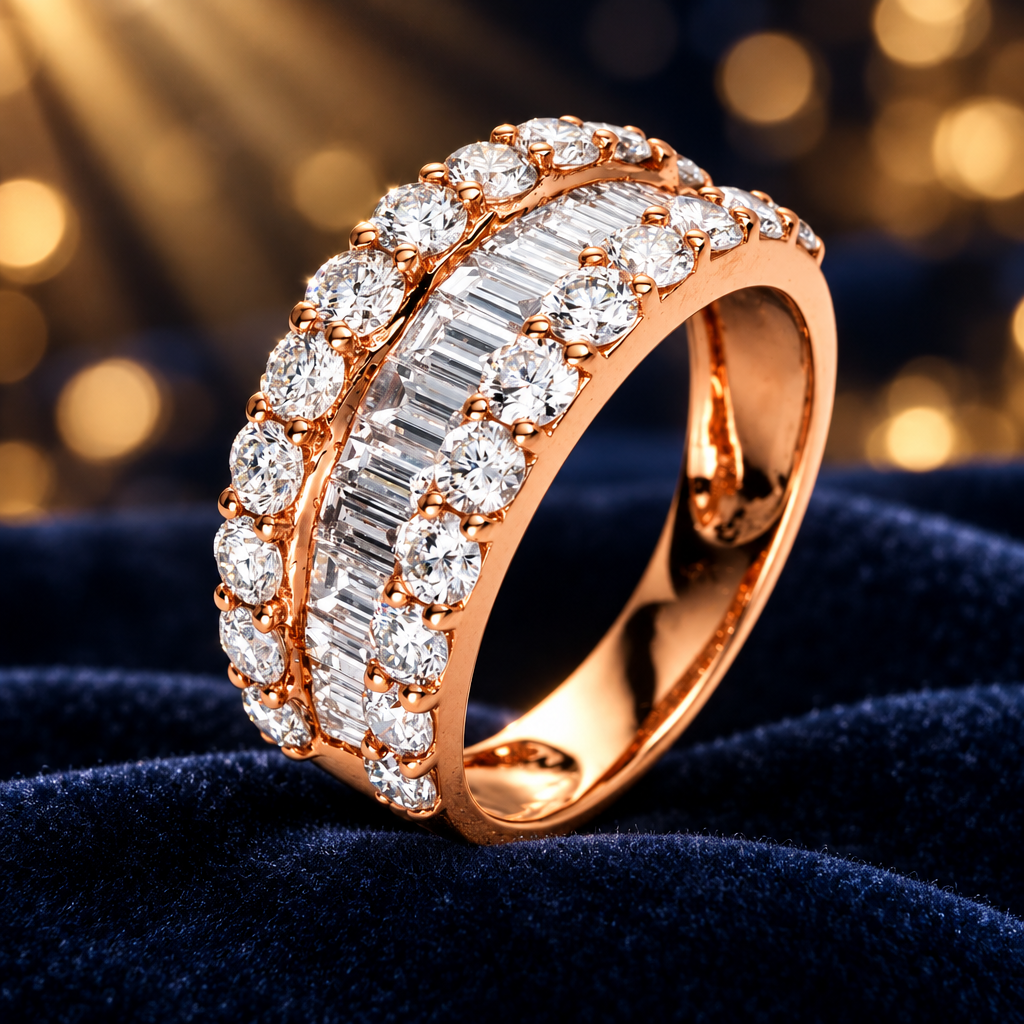 A rose gold double-row diamond band ring with baguette and round-cut diamonds, resting on a dark blue velvet surface with a warm, golden bokeh background.